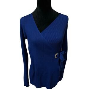 Select + Trend Royal Blue V-Neck Long Sleeve Top Size M Bow & Silver Ring Detail